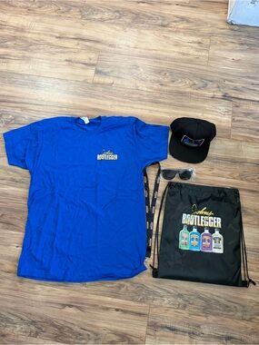 Johny Bootlegger Blue Logo Tee with Branded Drawstring Bag & Cap keychain new